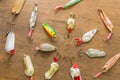 Baits for fishing is on the wooden background