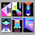 Set of artistic colorful cards. Memphis trendy style. Covers with flat geometric pattern. Royalty Free Stock Photo