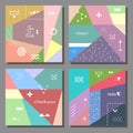 Set of artistic colorful cards. Memphis trendy style. Covers with flat geometric pattern. Royalty Free Stock Photo