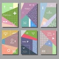 Set of artistic colorful cards. Memphis trendy style. Covers with flat geometric pattern. Royalty Free Stock Photo