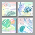 Set of artistic colorful universal cards. Tropical leaves