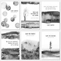 Set of artistic creative Save the nature cards with hand drawn textures, Monochrome