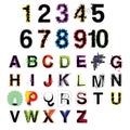 Set of artistic vector colorful modern decorative alphabet letters and numbers Royalty Free Stock Photo