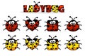 Set artoon red and yellow different shapes Ladybug. Animals and insects