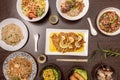 Set of Asian dishes seen from above, lemon breaded chicken fillets, three Royalty Free Stock Photo