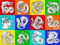 Set Asian dragon contour on multicolor Royalty Free Stock Photo