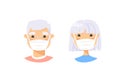 Set of Asian elderly male and female characters. Cartoon masked people. Isolated retiree avatars. Flat illustration protected old