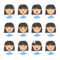 Set of asian emoji character. Cartoon style emotion icons. Isolated girl avatars with different facial expressions. Flat illustrat