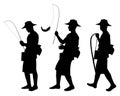 Set of Asian fisherman with fishing pole silhouette vector Royalty Free Stock Photo