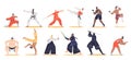 Set of asian martial art fighters. Karate, akido, taekwondo, kung fu, sambo, sumo, box, kickboxing Royalty Free Stock Photo