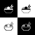 Set Asian noodles in bowl and chopsticks icon isolated on black and white background. Street fast food. Korean, Japanese Royalty Free Stock Photo