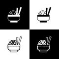 Set Asian noodles in bowl and chopsticks icon isolated on black and white background. Street fast food. Korean, Japanese Royalty Free Stock Photo