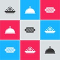 Set Asian noodles in bowl, Covered with tray and Hotdog sandwich icon. Vector Royalty Free Stock Photo