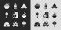 Set Asian noodles in bowl, Firework, Sushi on cutting board, Chinese hat, paper lantern, and Yuan currency icon. Vector