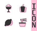 Set Asian noodles in bowl, Ice cream the, Lemon and Bell pepper icon. Vector