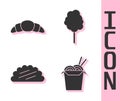 Set Asian noodles and chopsticks, Croissant, Taco with tortilla and Cotton candy icon. Vector