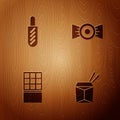 Set Asian noodles and chopsticks, Hotdog sandwich, Chocolate bar and Candy on wooden background. Vector