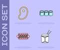 Set Asian noodles and chopsticks, Steak meat, Hotdog sandwich and Sushi icon. Vector