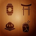 Set Asian noodles in paper box and chopsticks, Japanese paper lantern, Khinkali on cutting board and Japan Gate on Royalty Free Stock Photo