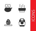 Set Asian noodles in paper box, Traditional tea ceremony, Chinese egg and Ramen soup bowl icon. Vector
