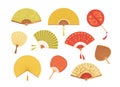 Set of Asian paper and textile fans vector illustration. Collection of colorful realistic Japan and Chinese traditional