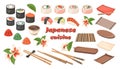 Set of Asian Traditional food isolated. Japanese rolls, sushi maki with fish, shrimp, seafood. National dish closeup with Royalty Free Stock Photo