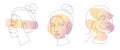 Set of Asian women faces in one line art style. Vector Continuous line drawing portrait with abstract gradient brush