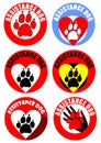 Set of assistant dog emblems and sticker. Motif of dog track, heart, human hand. Distinctive collection in vivid colors.