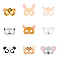 Set of assorted animal masks on face, dress-up, party accessory, DIY animal paper masks, photo booth props masks