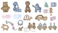 Set of assorted baby wooden and soft toys in neutral colors isolated on white. Car toy, blocks hand drawn. Illustration