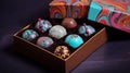 A set of assorted chocolates in a paper box