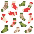 Set of assorted Christmas and winter socks. Vector illustration in flat style Royalty Free Stock Photo