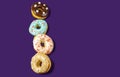 Set of assorted donuts with blue glaze, sprinkle, almond crumbs, chocolate and marshmallows close-up isolated on a purple Royalty Free Stock Photo