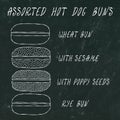 Set of Assorted Hot Dog Buns. Wheat Bun with Sesame, Poppy Seeds, Rye Bun. For Fast Food, Bar Menu. Hand Drawn High Quality Clean Royalty Free Stock Photo