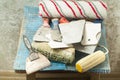 Set of assorted plaster trowel tools and spatula.Top view.Copy space for text. Royalty Free Stock Photo