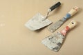 Set of assorted plaster trowel tools and spatula.Top view.Copy space for text. Royalty Free Stock Photo