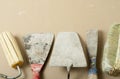 Set of assorted plaster trowel tools and spatula.Top view.Copy space for text. Royalty Free Stock Photo