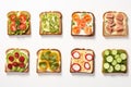 Set Of Assorted Sandwiches On White Background, Top View. Generative AI