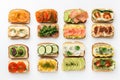 Set Of Assorted Sandwiches On White Background, Top View. Generative AI