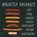 Set of Assorted Sausages For Fast Food, Restaurant or Bar Menu. Hand Drawn High Quality Clean Vector Realistic Illustration. Doodl Royalty Free Stock Photo
