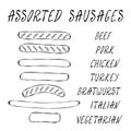 Set of Assorted Sausages For Fast Food, Restaurant or Bar Menu. Hand Drawn High Quality Clean Vector Realistic Illustration. Doodl Royalty Free Stock Photo