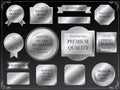 Set of assorted silver labels on a black background, vector illustrations.