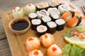 Set of assorted sushi served on wooden tray Royalty Free Stock Photo