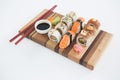 Set of assorted sushi served on wooden tray Royalty Free Stock Photo