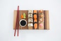 Set of assorted sushi served on wooden tray Royalty Free Stock Photo