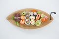 Set of assorted sushi served on wooden tray Royalty Free Stock Photo