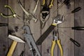 Set of assorted work carpentry and locksmith tools on a dark wooden background with copy space Royalty Free Stock Photo