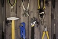 Set of assorted work carpentry and locksmith tools on a dark wooden background with copy space Royalty Free Stock Photo