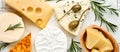 Set or assortment cheeses. Suluguni with spice, camembert, blue cheese, parmesan, maasdam, brie cheese with rosemary and pepper. O