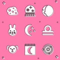 Set Asteroid, Magic ball, Eclipse of the sun, Rabbit zodiac, Moon and stars, Libra, Dog and phases calendar icon. Vector Royalty Free Stock Photo